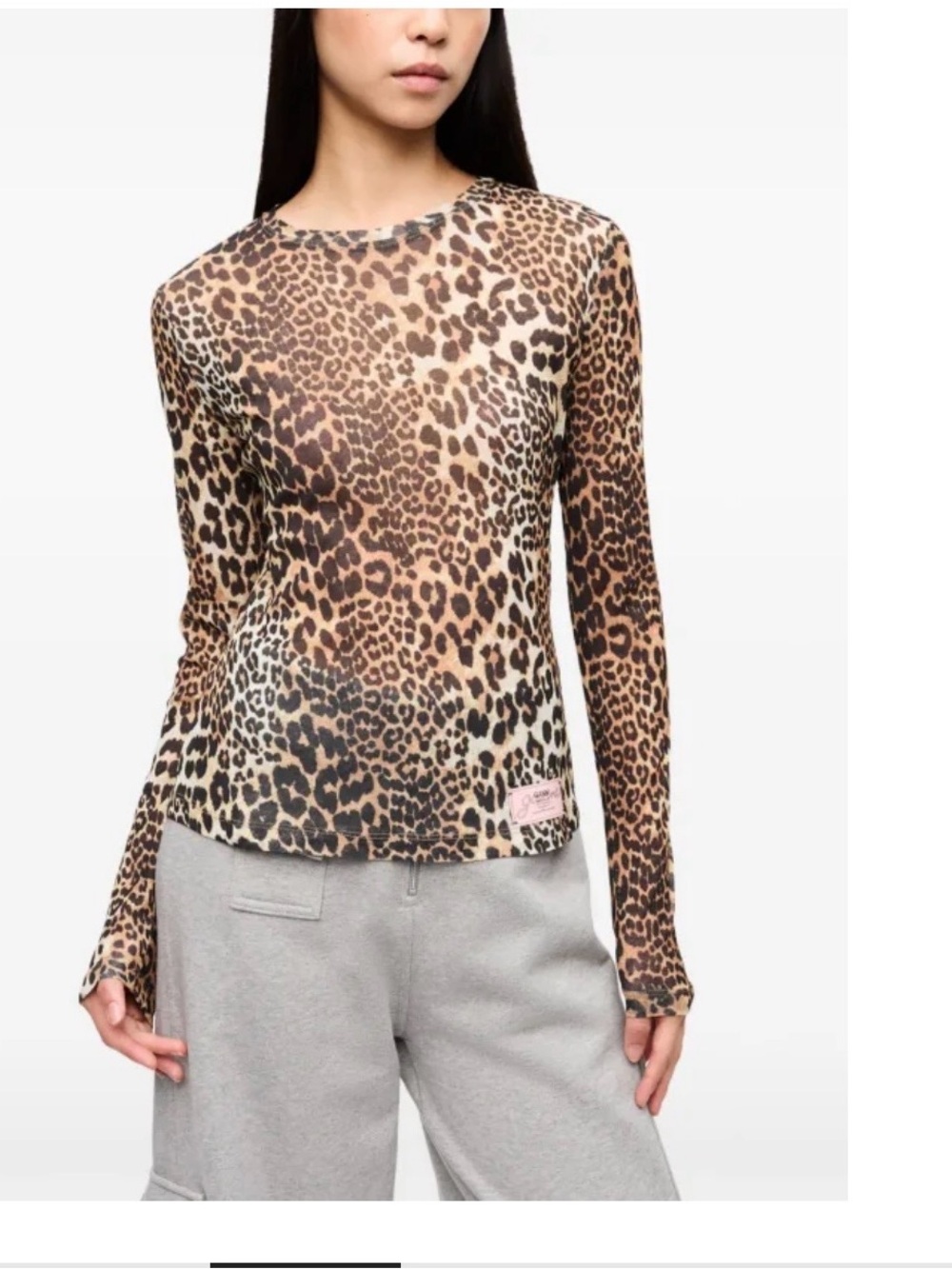 Ganni Leopard Print Mesh Long-Sleeve Crewneck Top